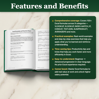 Features and Benefits — 100+ Excel formulas, 9 categories, beginner to advanced