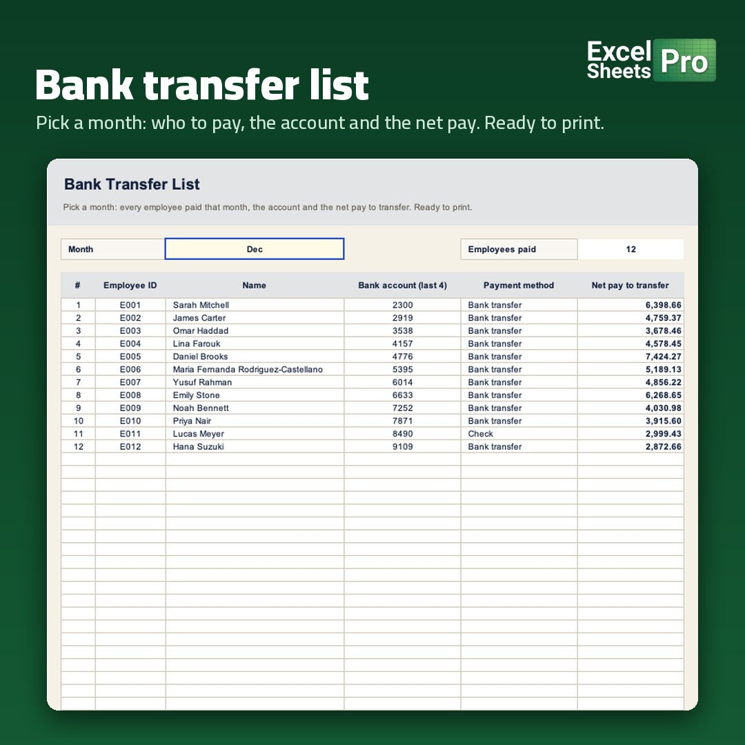 Payroll System Professional - bank transfer list