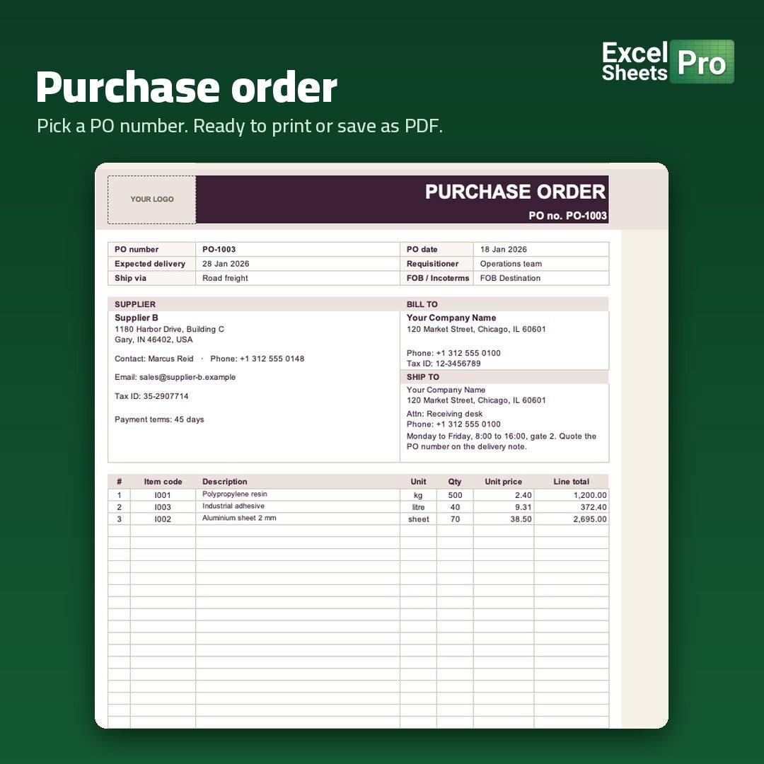 Purchase Order System Professional - purchase order form, ready to print